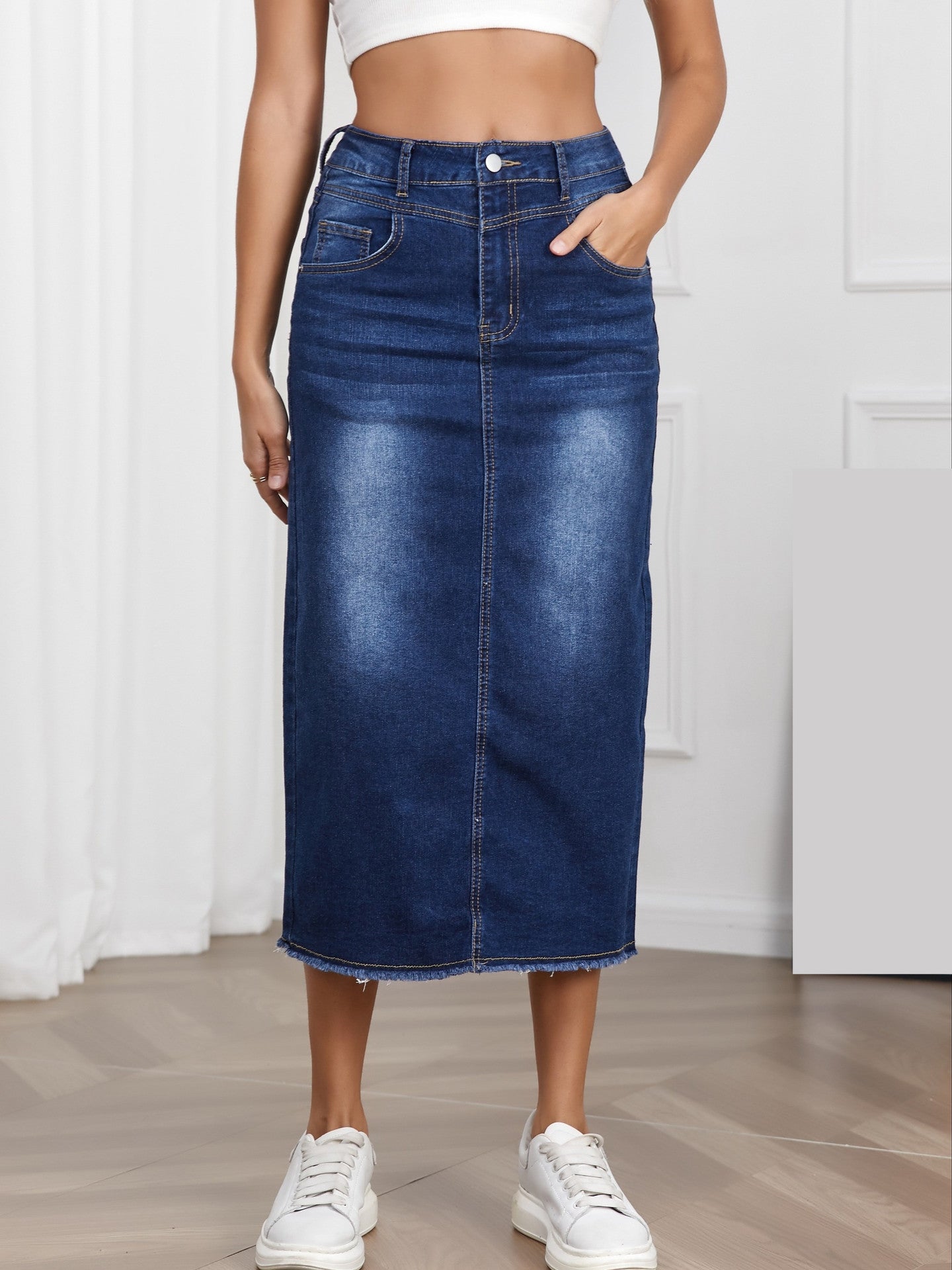 Damen Maxirock Denim Lang Elegant
