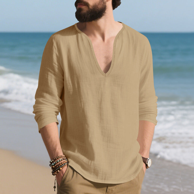 Herren Langarmshirt V-Ausschnitt Baumwoll Modern