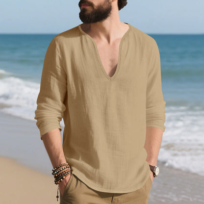 Herren Langarmshirt V-Ausschnitt Baumwoll Modern