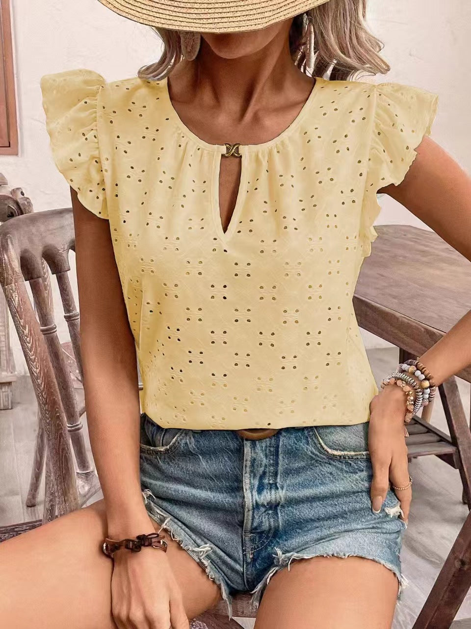 Damen Bluse Rüschendetails Lochstickerei Elegant