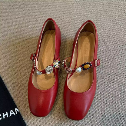 Damen Ballerinas Elegant Luxus Schmuck Riemenverschluss