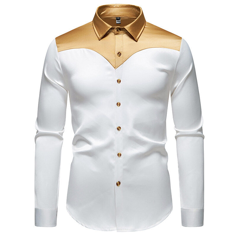 Elegantes Herren Hemd Langarm Glänzend Kontrastkragen Modern