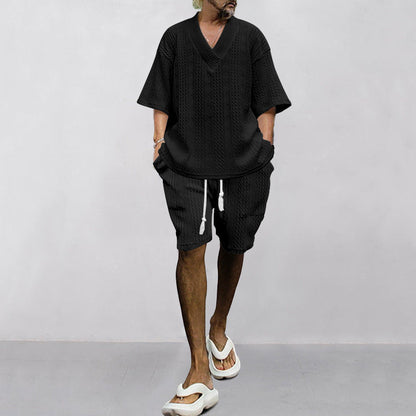 Herren T-Shirt V-Ausschnitt Lässig und Kurze Freizeithose Elastisch