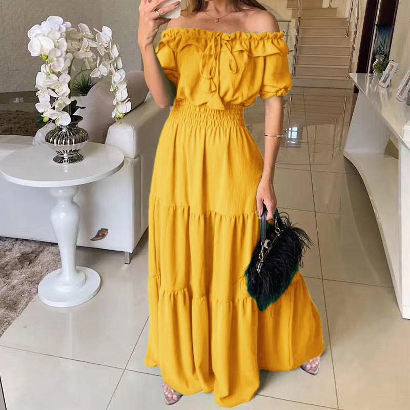 Damen Maxikleid Schulterfrei Rüschenkleid Sommer