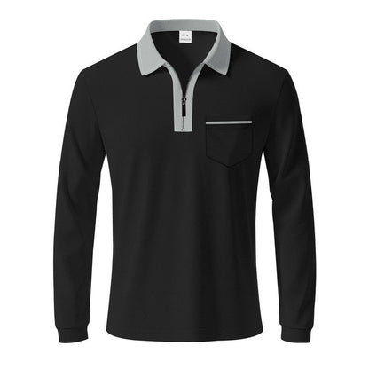 Herren Polo Langarm mit Reißverschluss und Brusttasche Modern