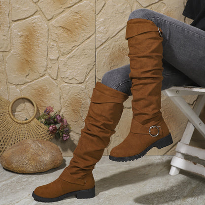 Damen Stiefel Hoch mit Rüschen Design und Riemen Schwarz