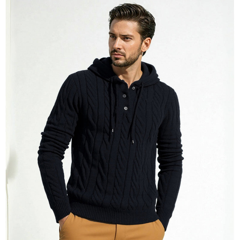 Herren Strickpullover Kapuze Modern Knopfdesign - BerlinGlamour
