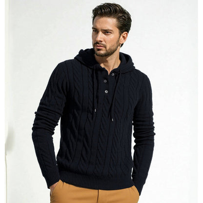 Herren Strickpullover Kapuze Modern Knopfdesign - BerlinGlamour