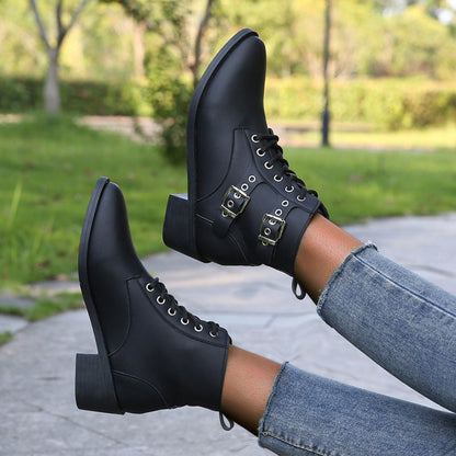 Damen Stiefeletten Schnürstiefeletten Robust Mit Schnallen Schwarz