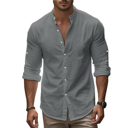 Herren Leinenhemd Langarm Mandarin Kragen Elegant