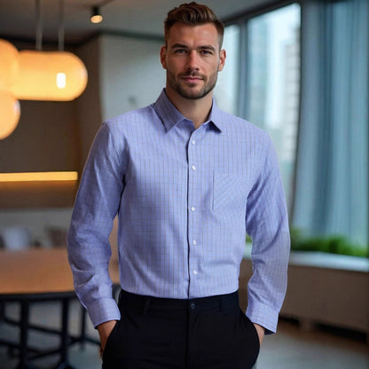 Herren Langarmhemd Kariert Elegant Slim Fit