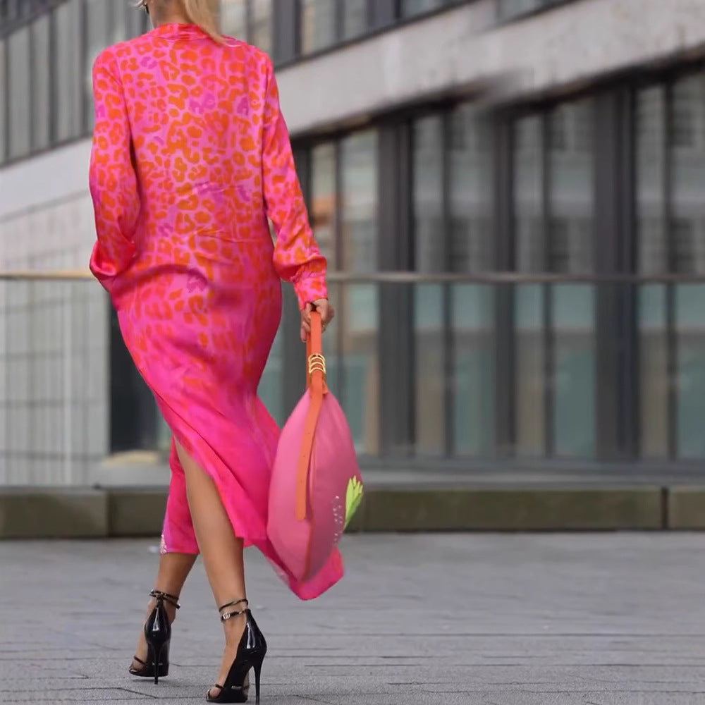 Damen Maxikleid mit Animalprint und Knopfleiste Modern