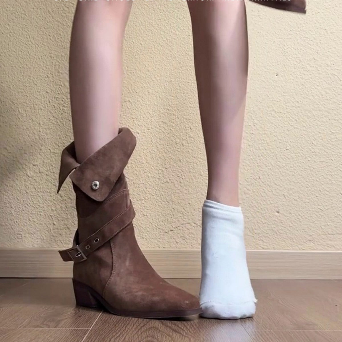 Damen Stiefeletten Elegante Schnalle Falten Detail