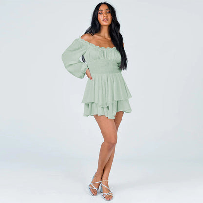 Damen Off-Shoulder Kleid Voluminös Ärmel Lange Frauenkleid Elegant