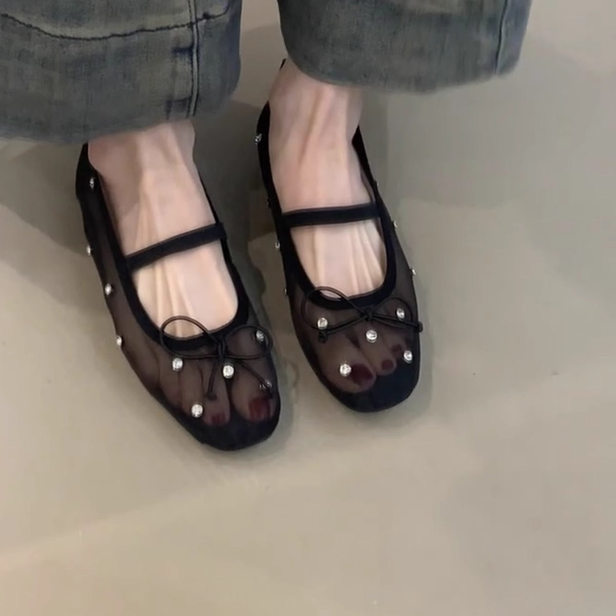 Damen Ballerinas Transparent Perlen Schmuck