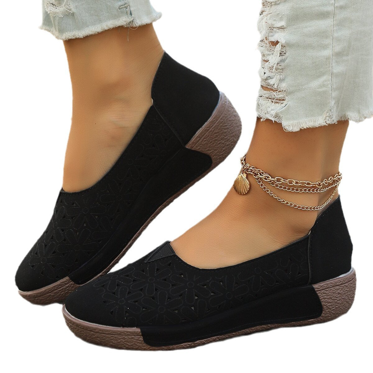 Damen Slip-On Schuhe Bequem Floralmuster Frauen Schuhe
