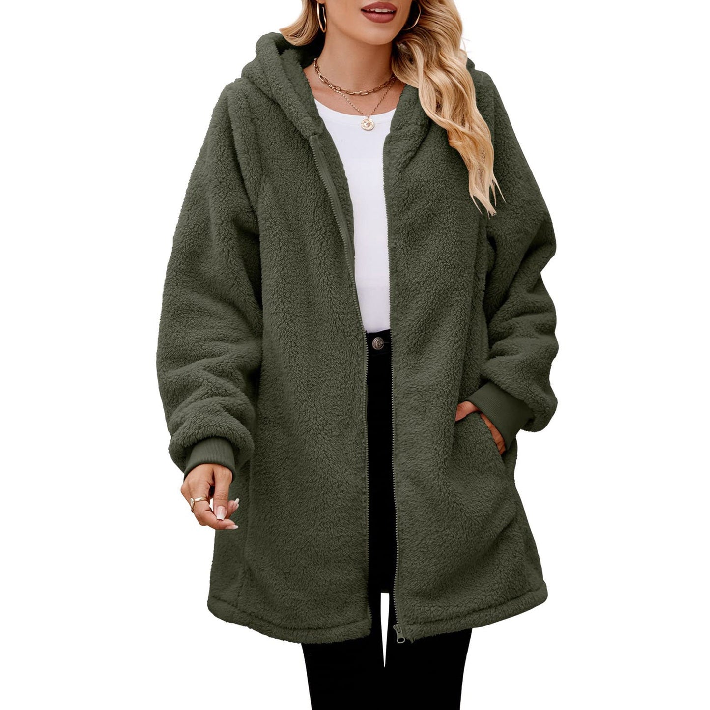 Damen Fleecejacke Oversized Reißverschluss Warm Kuschelig