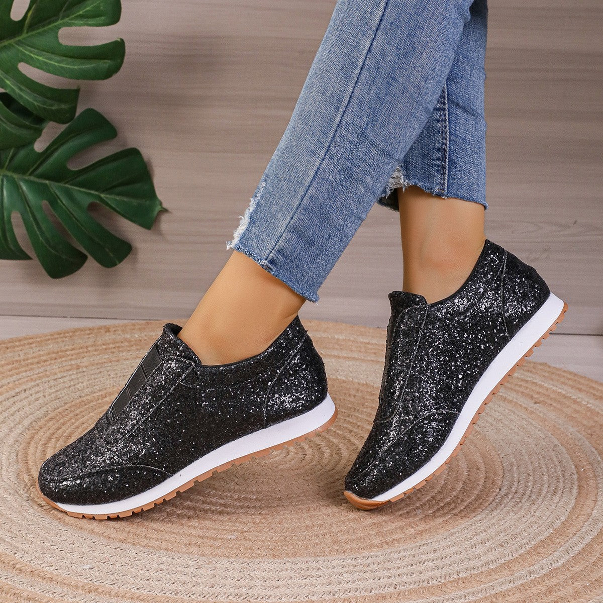 Damen Sneaker Glitzer Heel Sportlich Schuhe