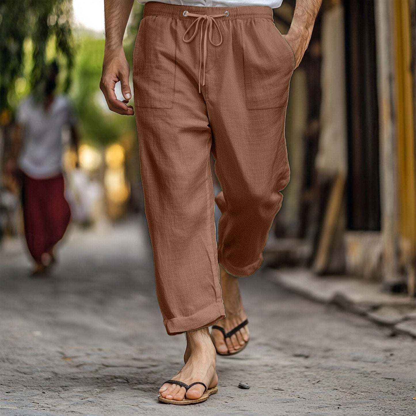 Herren Leinenhose Lässig Bequem mit Taschen