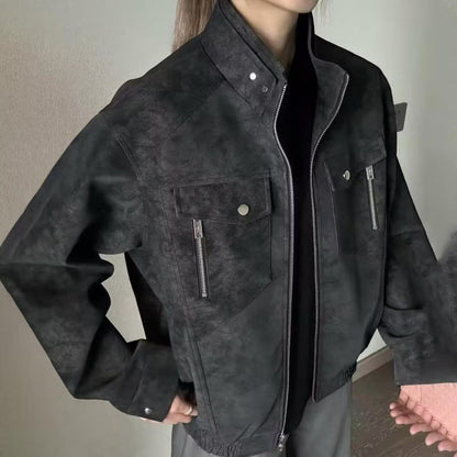 Herren Lederjacke Modern mit Taschen Kunstleder Schwarz