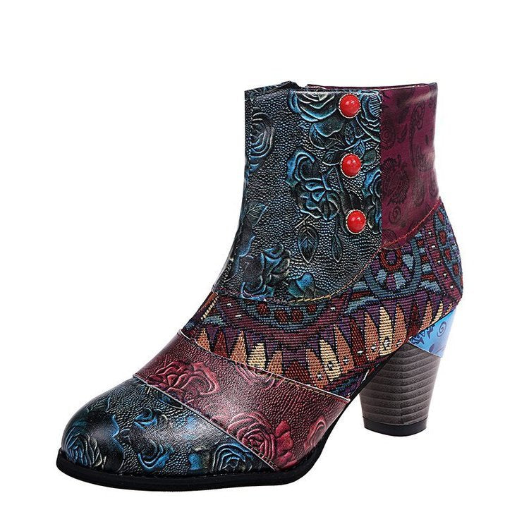 Damen Stiefeletten Elegante Floral Schuhe mit Knöpfen