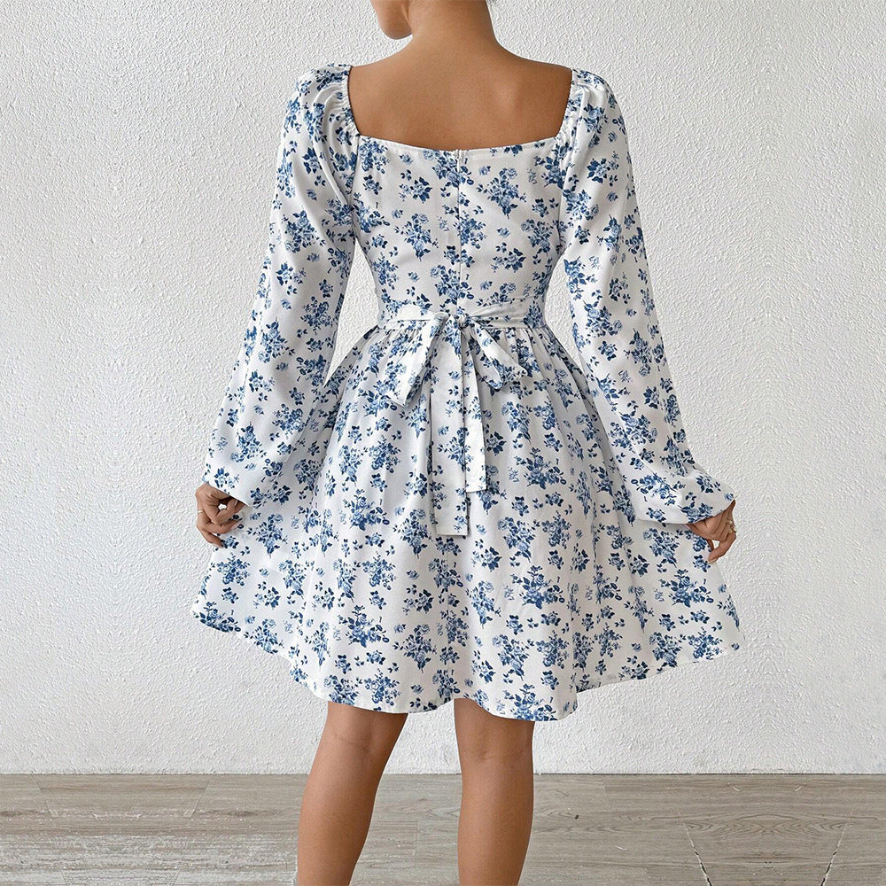 Damen Kleid Blumenmuster Elegant Raffung Langärmlig Sommer