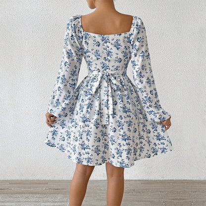 Damen Kleid Blumenmuster Elegant Raffung Langärmlig Sommer
