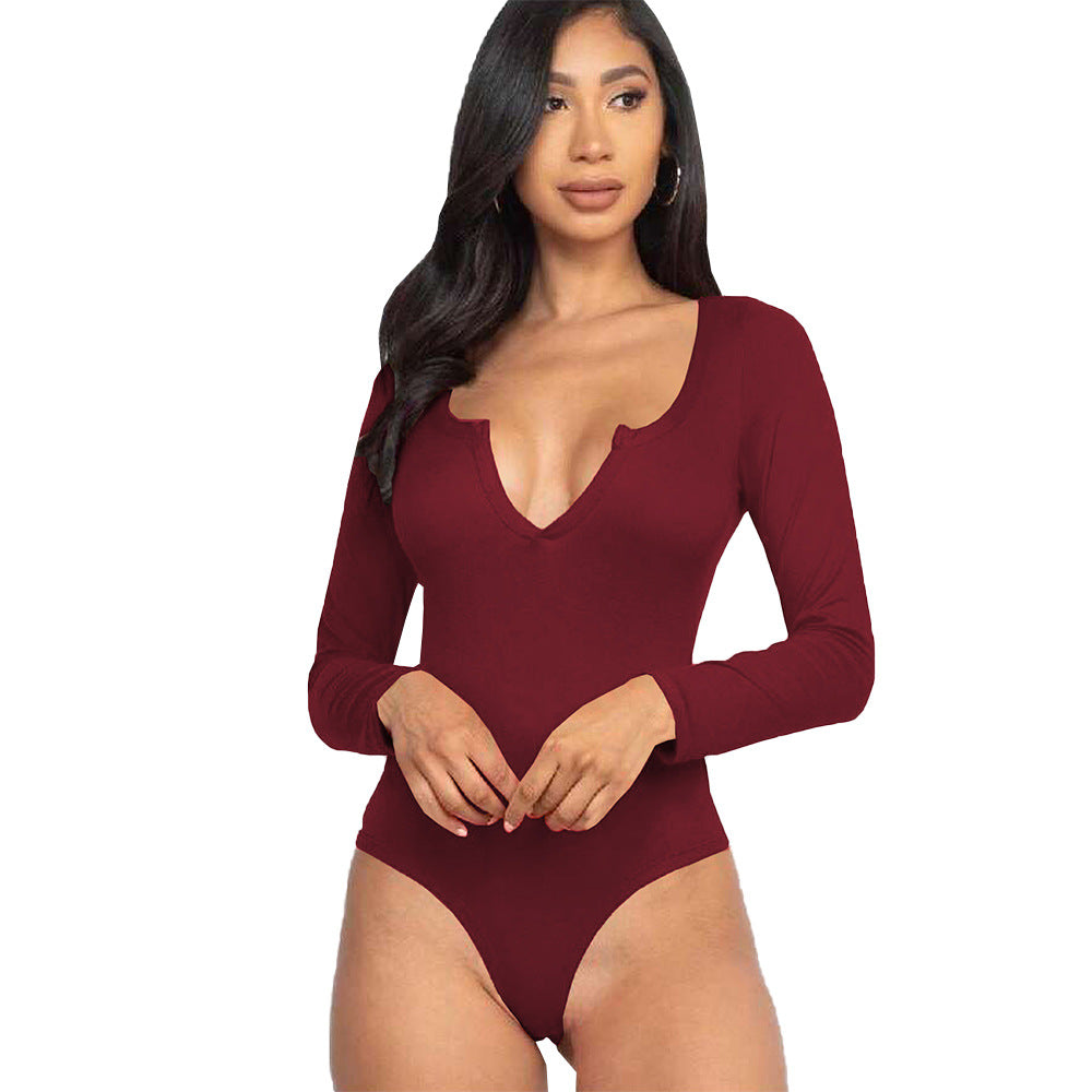 Damen Body V-Ausschnitt Langarm Sexy