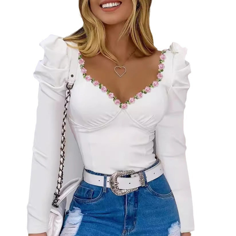 Damen Oberteil Puffärmel Floralmuster Chic
