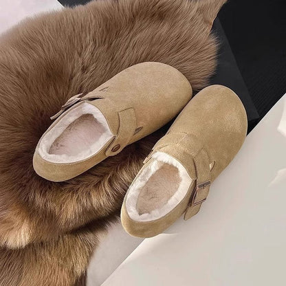Damen Filz-Clogs Bequem Weich Kunstfell Futter Schnallenverschluss
