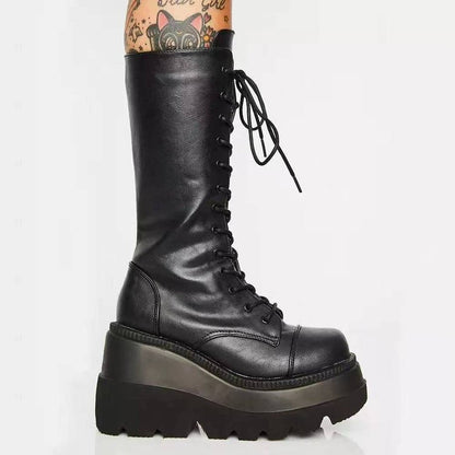 Damen Schnürstiefel Urban Style Stabiler Sohle Schwarz