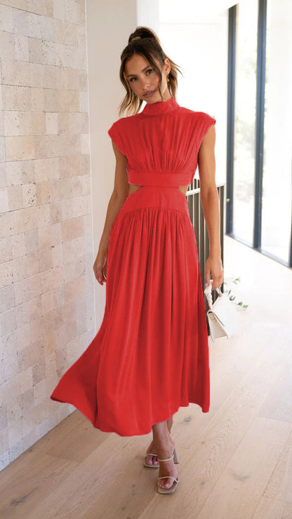 Damen Maxikleid Stehkragen Elegant Cut Out Damenkleid