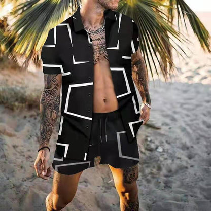 Herren Sommer Outfit Grafik Hemd Shorts Set Kurzarm Modern