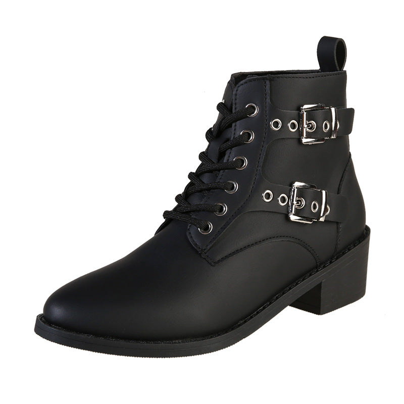 Damen Stiefeletten Schnürstiefeletten Robust Mit Schnallen Schwarz