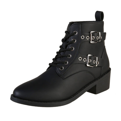 Damen Stiefeletten Schnürstiefeletten Robust Mit Schnallen Schwarz