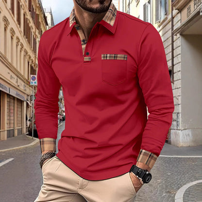 Herren Poloshirt Langarm Kariert Modern