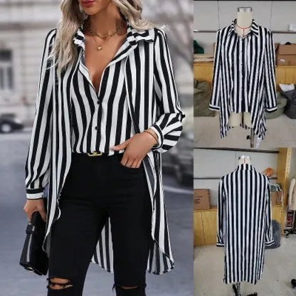 Damen Hemdbluse Langarm Streifenmuster Asymmetrisch Modern