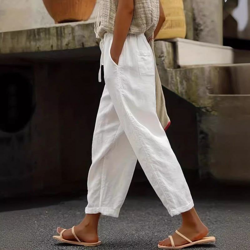 Damen Leinenhose Bequem Elastisch Mit Taschen
