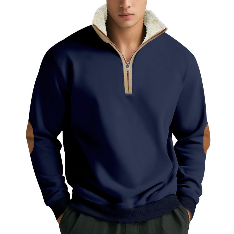 Herren Fleecepullover Modern mit Halb-Reißverschluss und Kontrast Ellenbogen
