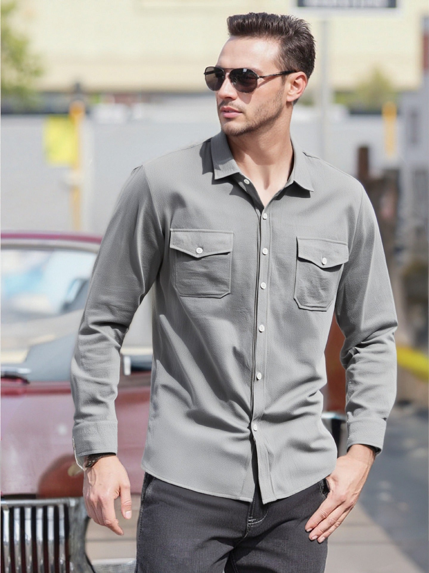 Herren Langarmhemd Modern mit Brusttaschen und Bequemem Schnitt