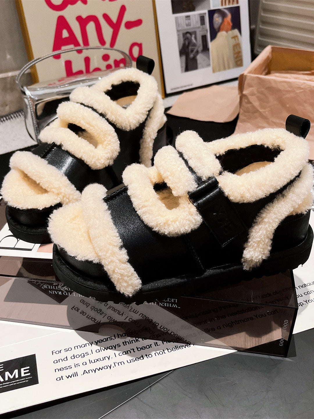 Damen Hausschuhe Flauschig Warm mit Verstellbarem Riemen