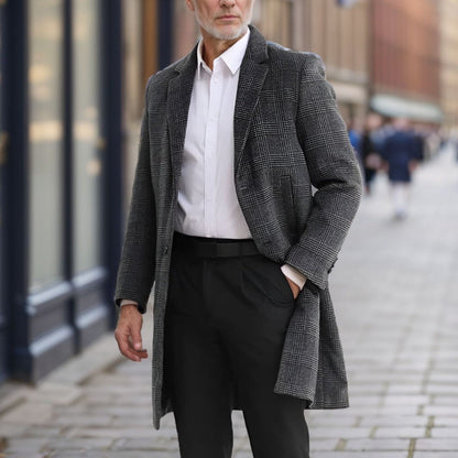 Herren Wollmantel Lang Karomuster Elegant Schwarz - BerlinGlamour