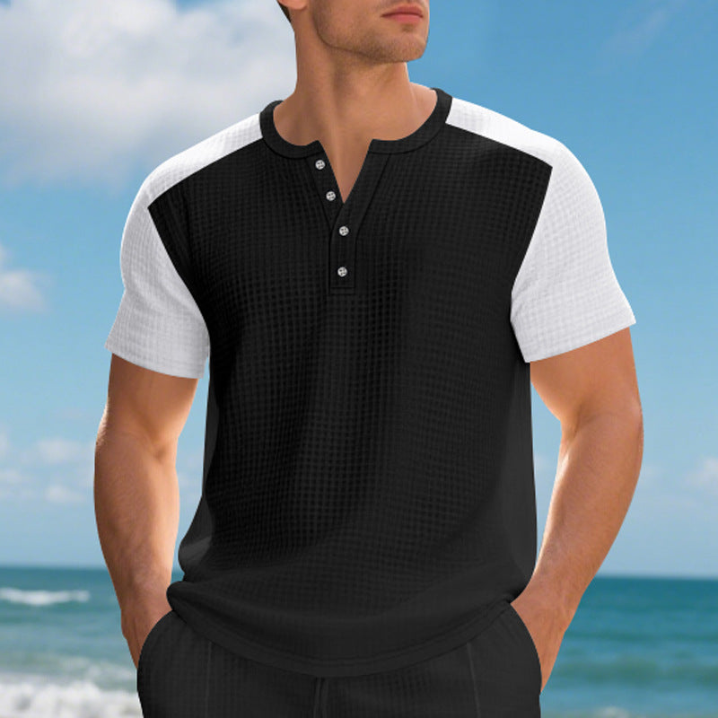 Herren Kurzarmshirt Knopfleiste Modern Strukturiert