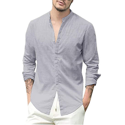 Herren Leinenhemd Modern Slim Fit Stehkragen Bequem