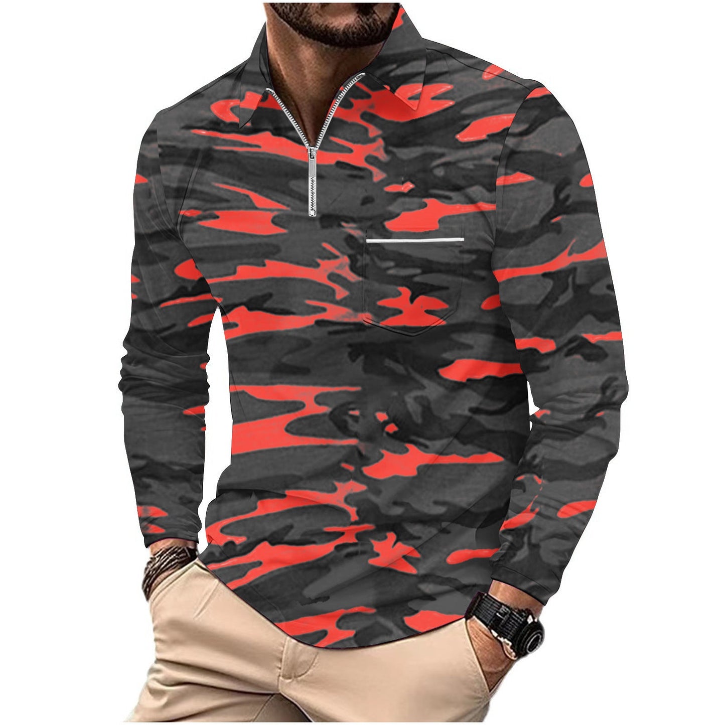 Herren Langarmshirt Camouflage Modern Reißverschluss