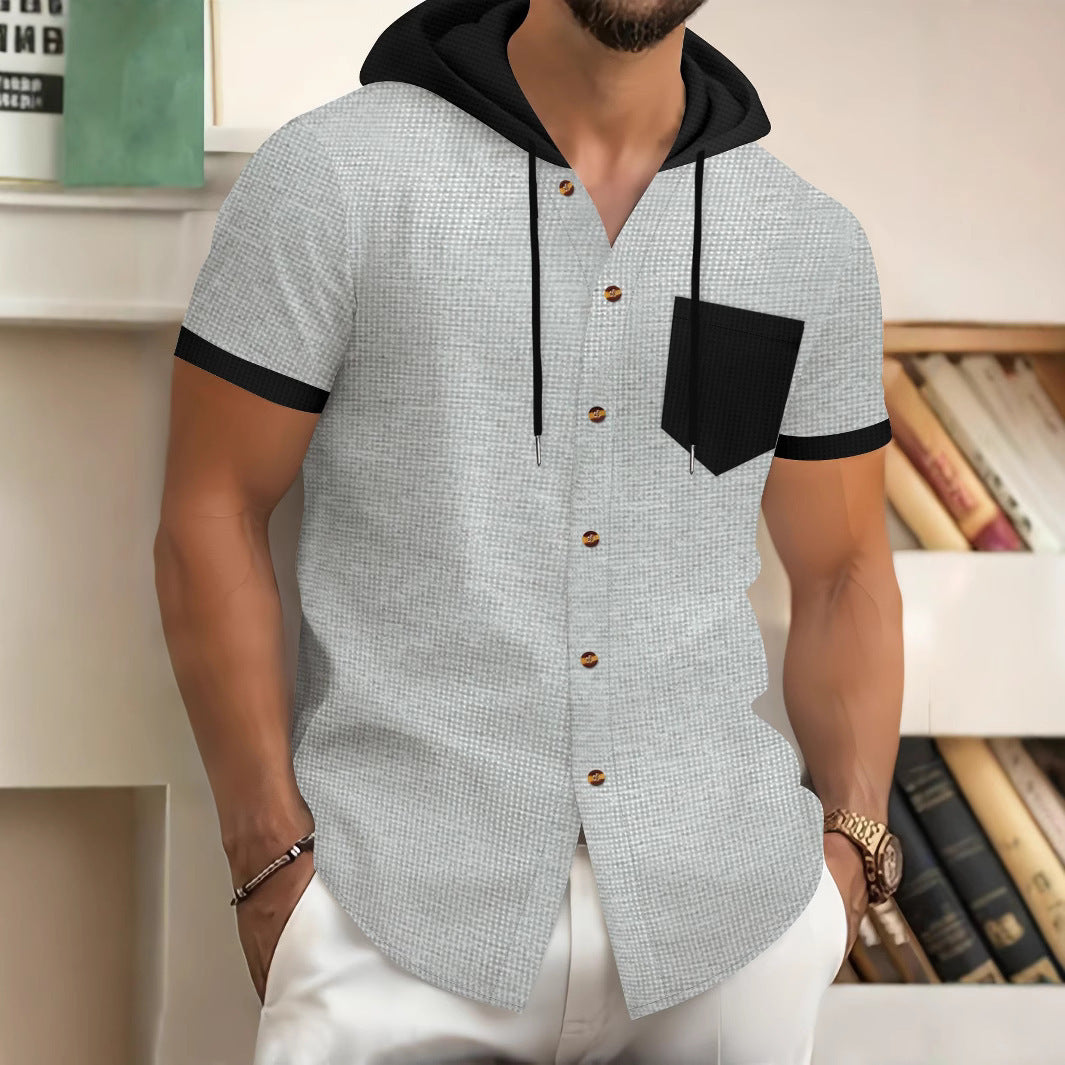 Herren Hemd Kurzarm Kapuze Brusttasche Sportlich
