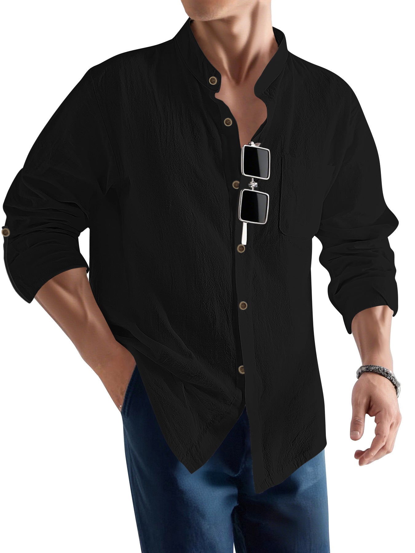 Herren Langarmhemd Slim Fit Henley Ausschnitt Modern