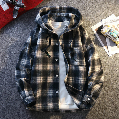 Herren Flanelljacke Kariert Kapuze Knopfverschluss Modern