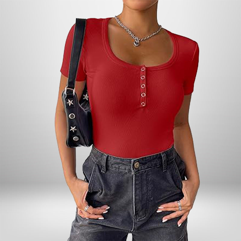Damen Bodysuit Kurzarm Figurformend Mit Knöpfen