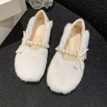 Damen Mokassins Flauschig mit Perlen Riemen Wintermode